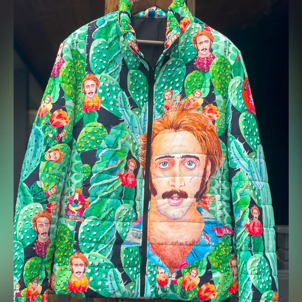 Nicolas Cage Raising Arizona Trippy Cactus Puffer - 80s Coen Bros Pop Art Jacket